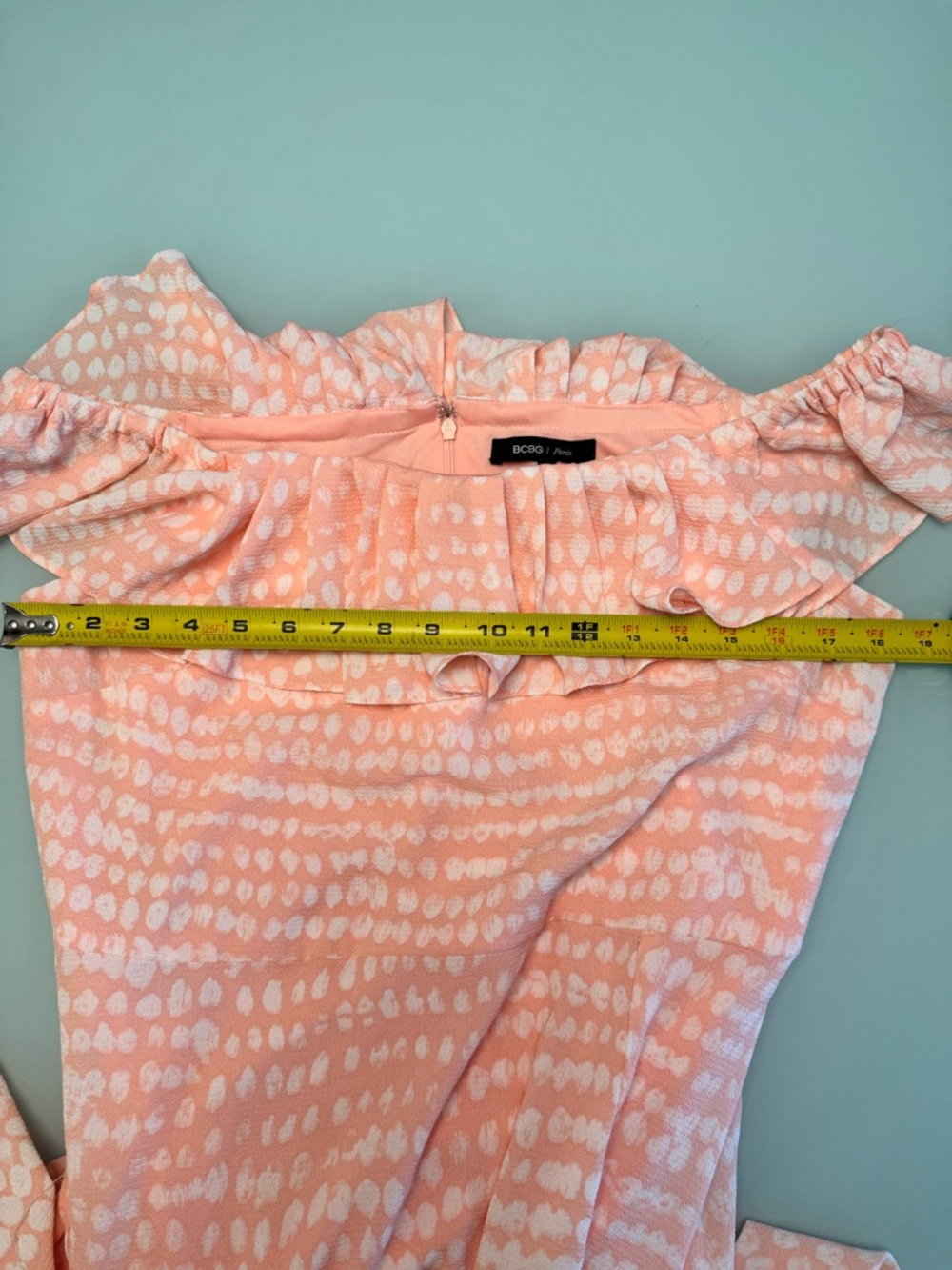 BCBG Paris Peach & White Spotted Ruffle Dress - Size Large - Wedding/Garden/Day - Picture 5 of 12